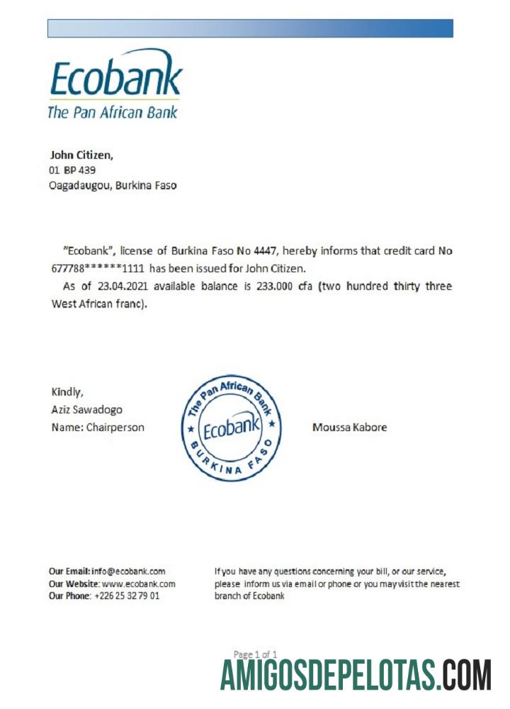 Referência do Ecobank de Burkina Faso exemplo real